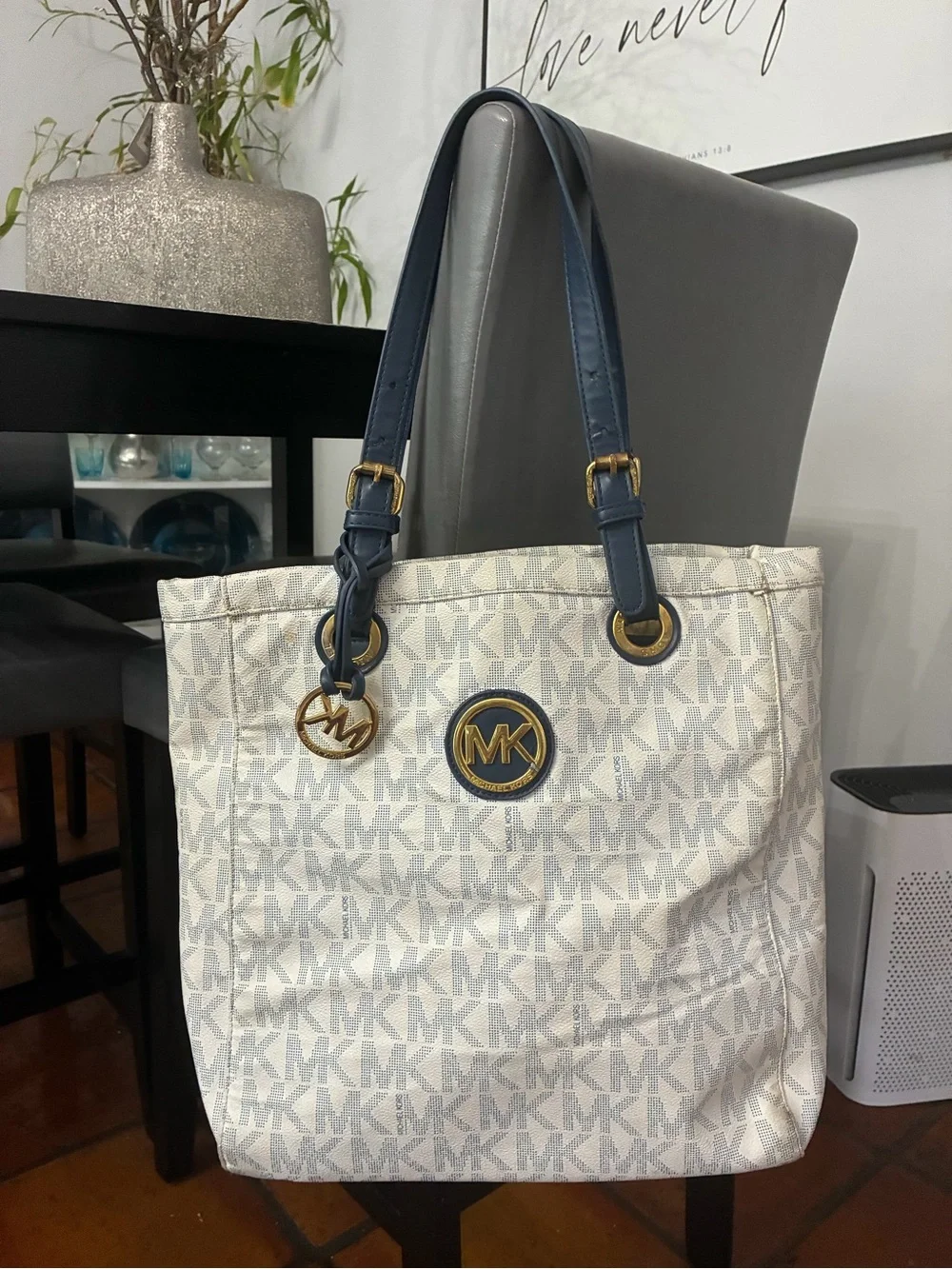 Michael Kors Cream & Navy MK Logo Canvas Tote with Gold Accents